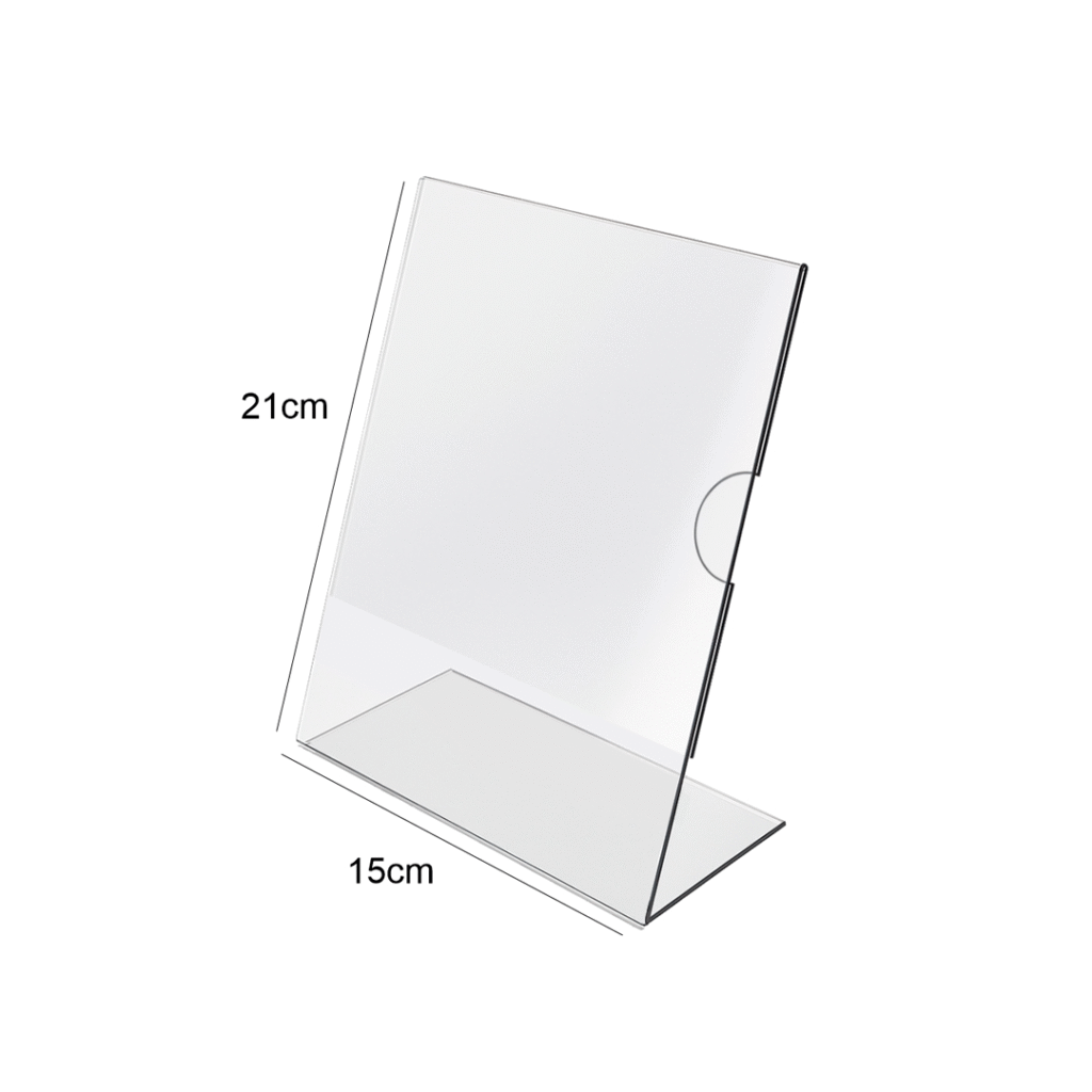 Display de mesa em L com porta‑folheto