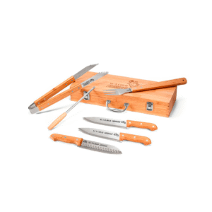 🥤 🛒 Kit churrasco – estojo de bambu com 6 peças